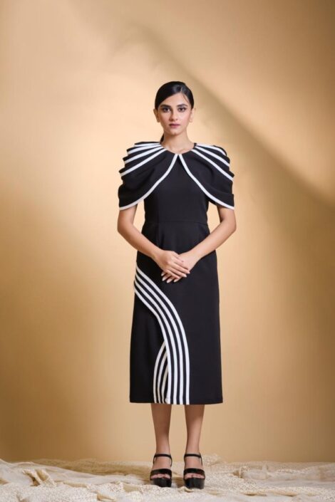 Black Contrast-Trim Midi Dress with Sculpted Cape Sleeves