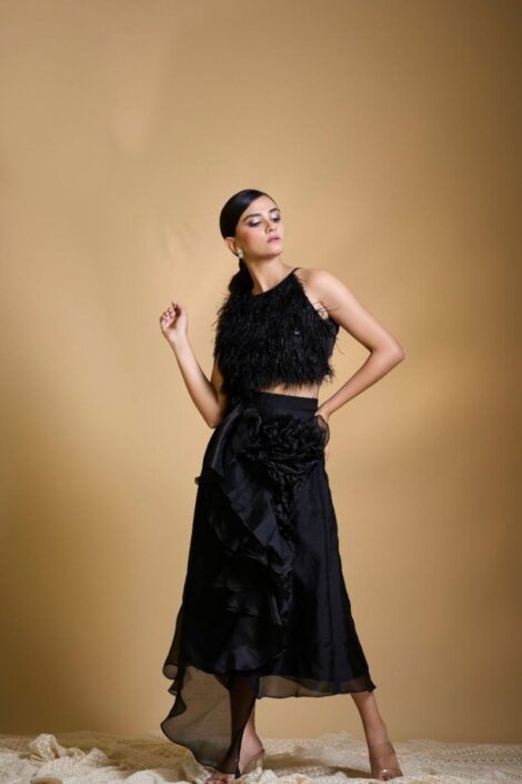 Black Feathered Crop Top with Ruffled Midi Skirt