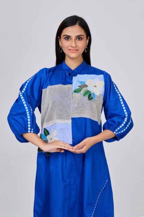 Cobalt Blue Embroidered Midi Dress with Textured Panels