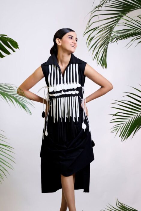 Statement Fringe-Detail Monochrome Dress