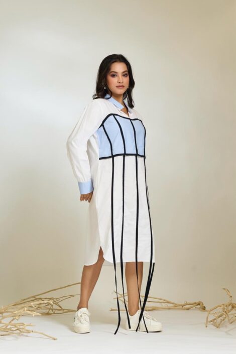 White & Blue Corset-Detail Shirt Dress