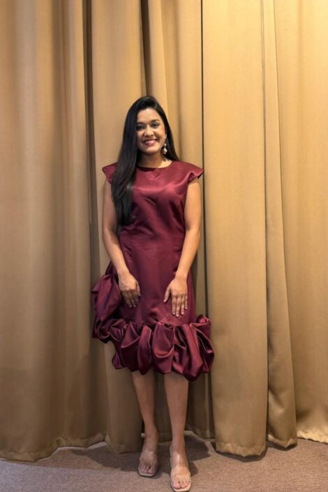 Wine Satin Ruffled Hem Midi Dress