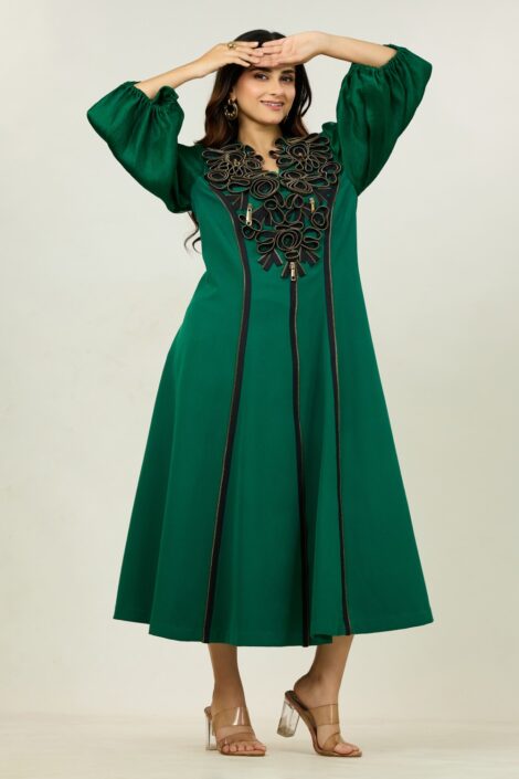 Emerald Green Embroidered A-Line Dress with Statement Sleeves