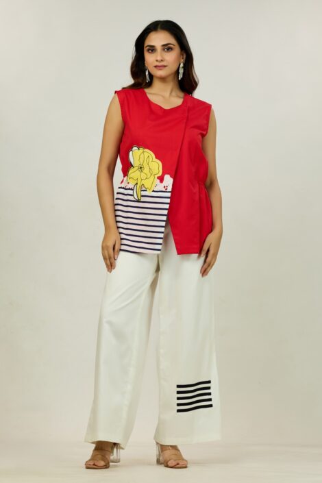 Red Asymmetrical Floral Top with White Wide-Leg Pants