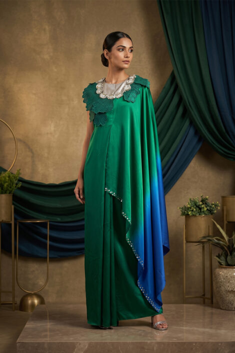 Emerald Tide Ombre Drape with Embellished Petal Cape